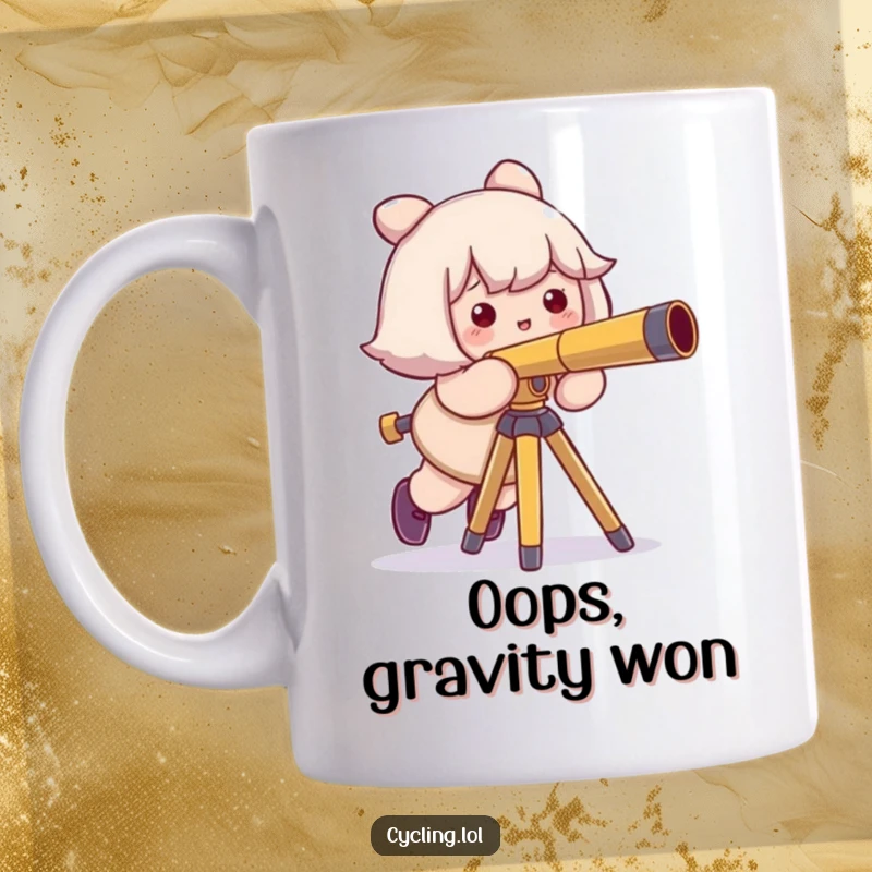 Funny mug showing a cartoon character comically tripping over a telescope tripod, looking sheepish, celebrating astronomy bloopers.