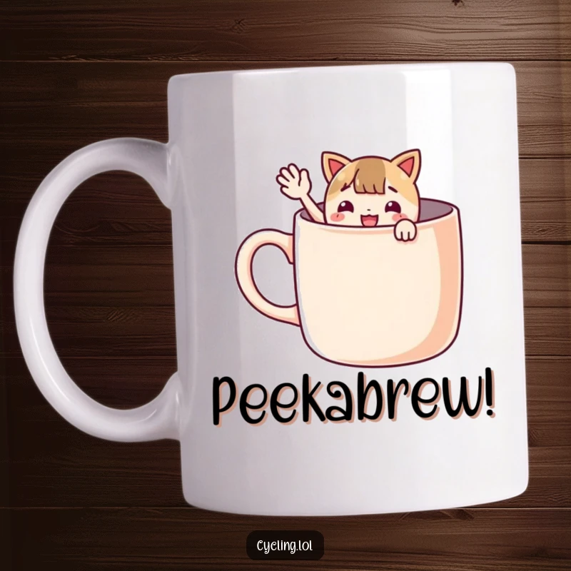 Funny mug featuring a character peeking out from a giant coffee mug, waving enthusiastically with a big smile.