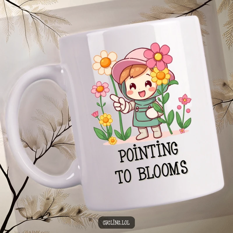 Funny mug showing a character in a gardening glove, pointing with enthusiasm at beautiful blooming flowers, celebrating nature.