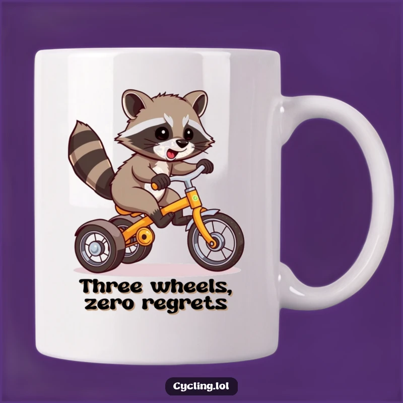 Watch out, the road is about to get wild! This mug features a raccoon pulling off an epic tricycle wheelie, perfect for anyone who loves a good laugh and a challenge.