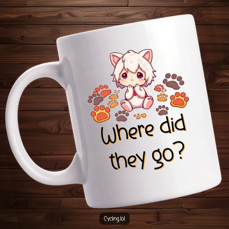 Funny mug featuring a character surrounded by diverse animal footprints, looking thoughtfully into the distance, evoking curiosity.