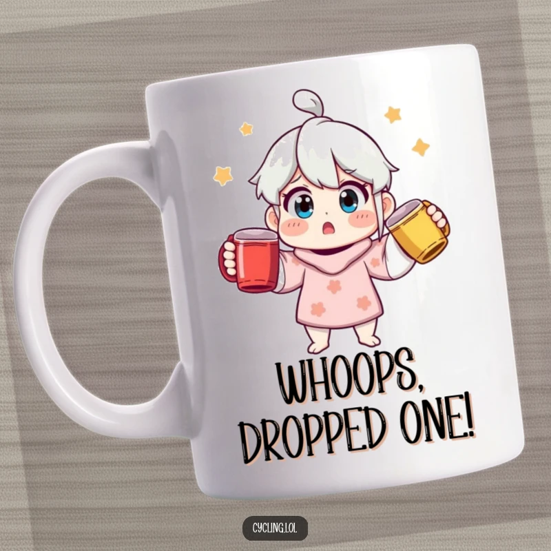 Funny surprised character expertly juggling three vibrant, colorful coffee mugs, showcasing a comical and chaotic coffee addiction.