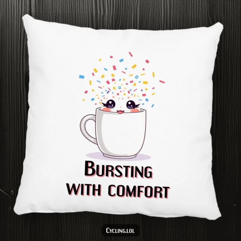 Funny pillow featuring a character with sparkling eyes bursting from a mug with confetti, offering comfort and a hint of playful celebration.
