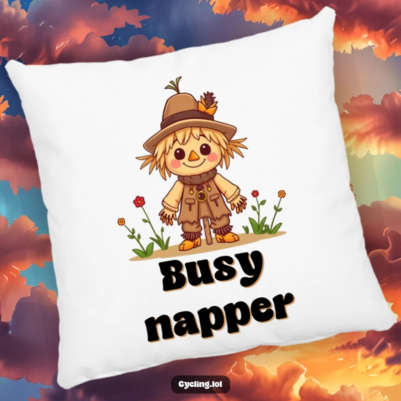 Funny pillow design of a character happily building a tiny scarecrow, bringing crafty cheer to any room.