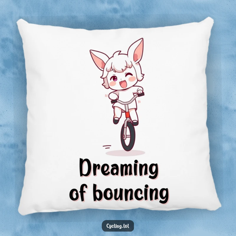 Funny pillow featuring a character bouncing on a unicycle with ears flapping, radiating excitement, perfect for adding humor to any room.
