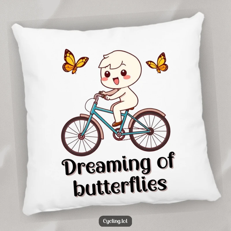 Funny pillow featuring a delighted Kawaii character chasing a butterfly on a bicycle, designed for comfort and cheerful amusement.