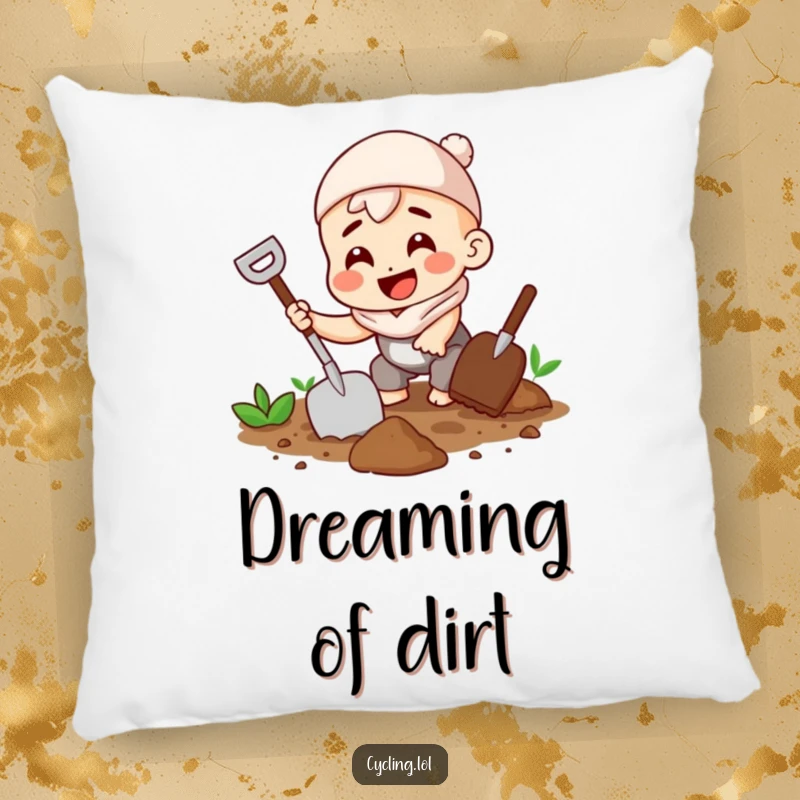 Funny pillow showing a character happily digging in the soil with a trowel, perfect for a cozy, humorous touch.