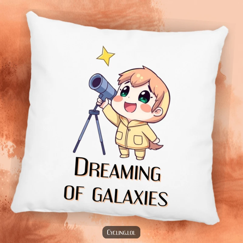 Funny pillow featuring a smiling stargazer character with a telescope, adding comfort and cosmic humor to any space.