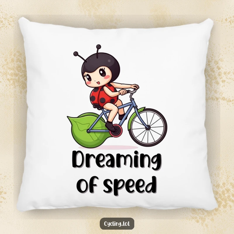 Funny ladybug pillow with a determined ladybug furiously pedaling a leaf-shaped bicycle.