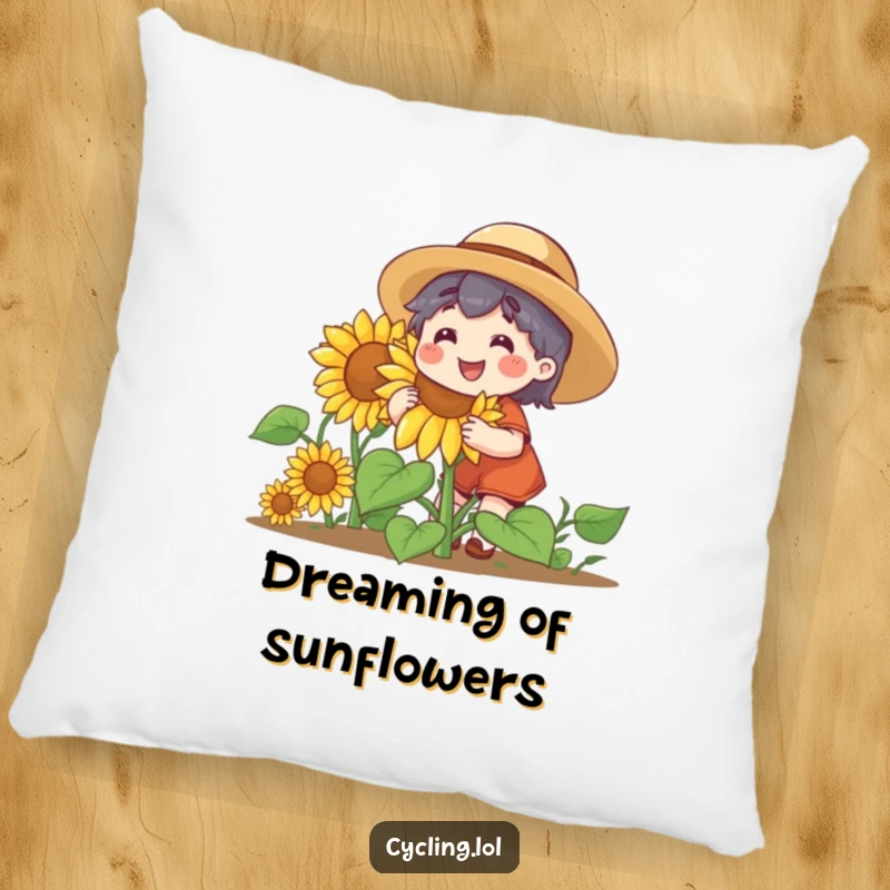 Funny pillow with a character in a straw hat, joyfully caring for a giant, beaming sunflower. Soft and humorous home decor.