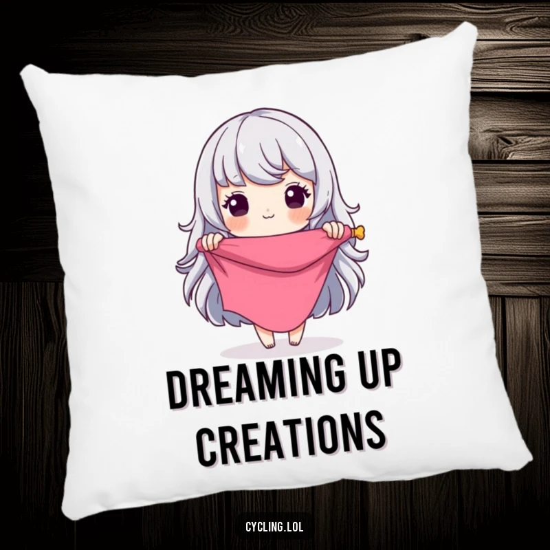 Funny Pillow: Seamstress character dreaming up a grand design while unrolling fabric, soft and humorous home decor.