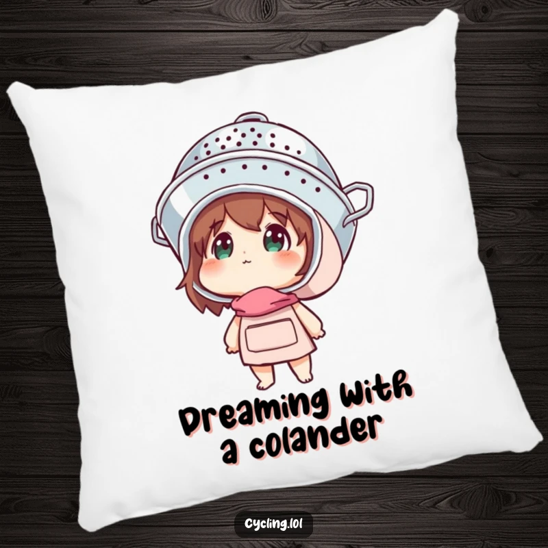 Funny pillow featuring a character in a colander helmet looking up with wonder, adding comfort and quirkiness.