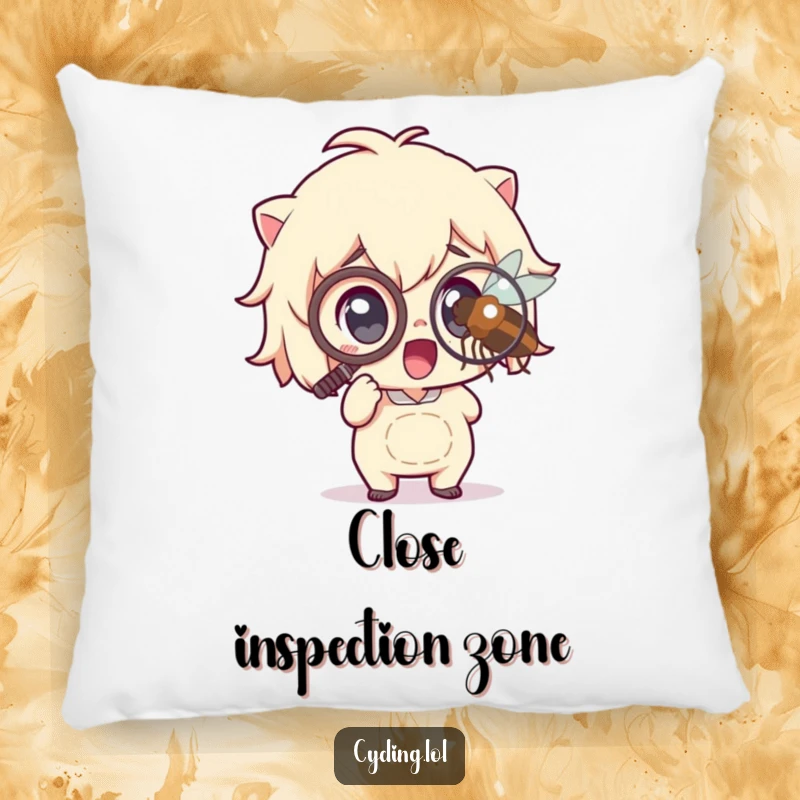 Funny Pillow: A character in a monocle excitedly magnifies an insect, offering a humorous and comfortable decorative accent for any couch or bed, a great gift.