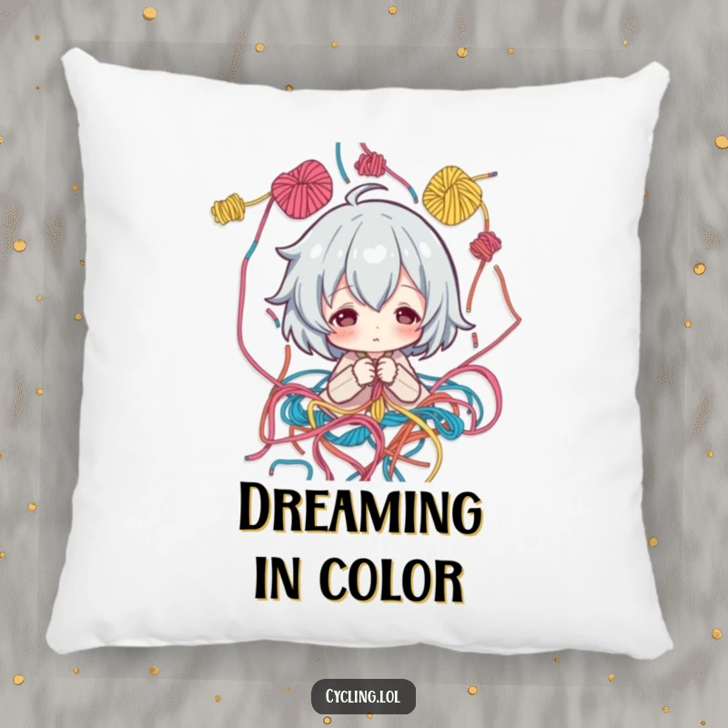 Funny Pillow: Artist character surrounded by threads, thoughtfully contemplating a pattern, soft and humorous decorative accent.