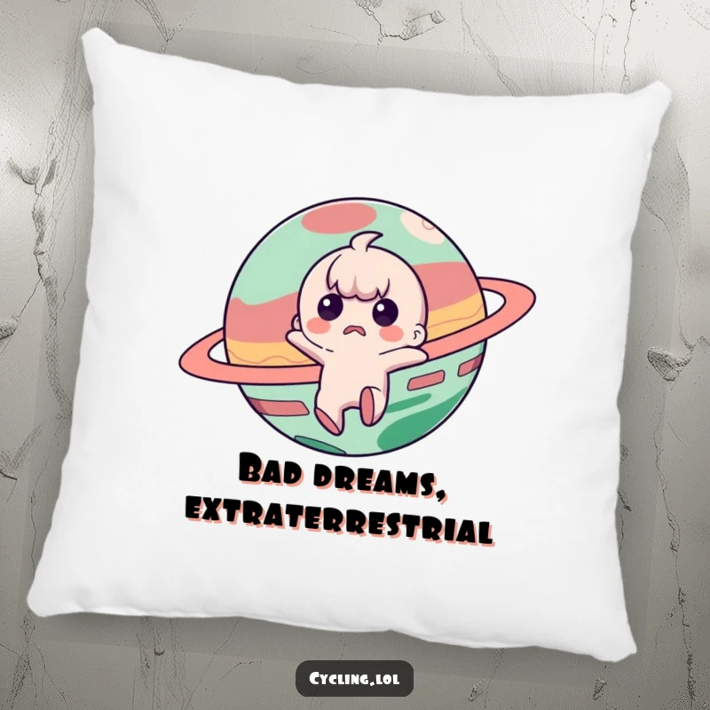 Funny pillow featuring a startled character reacting to a mischievous planet, bringing comfort and cosmic humor.