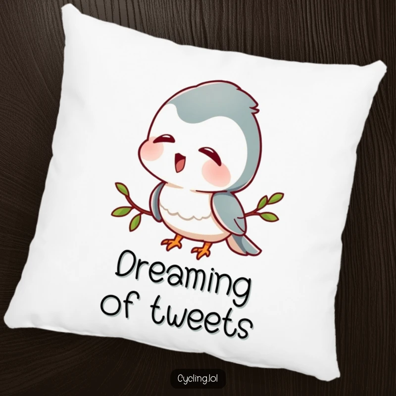 Funny pillow featuring a character with head tilted, listening intently to bird sounds with delight, perfect for cozy, nature-inspired decor.