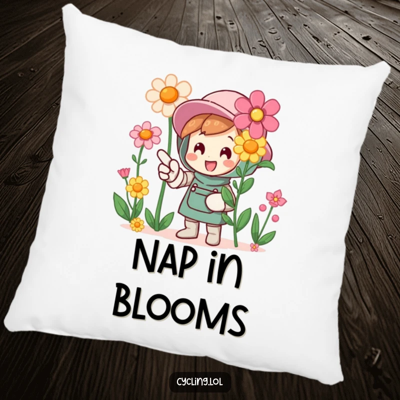 Funny pillow design of a character pointing with enthusiasm at blooming flowers, bringing garden cheer indoors.