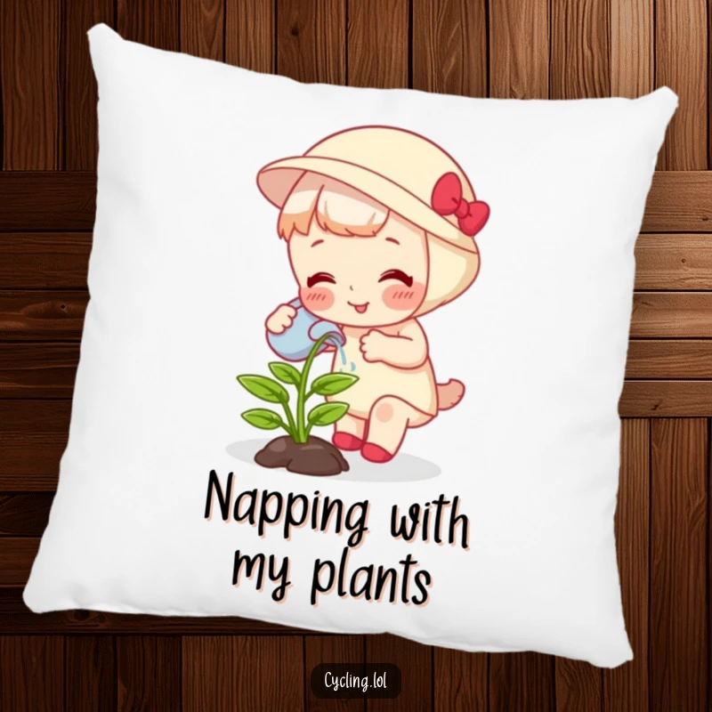 Funny pillow depicting a character watering a plant that giggles and grows, adding a humorous touch to any room.