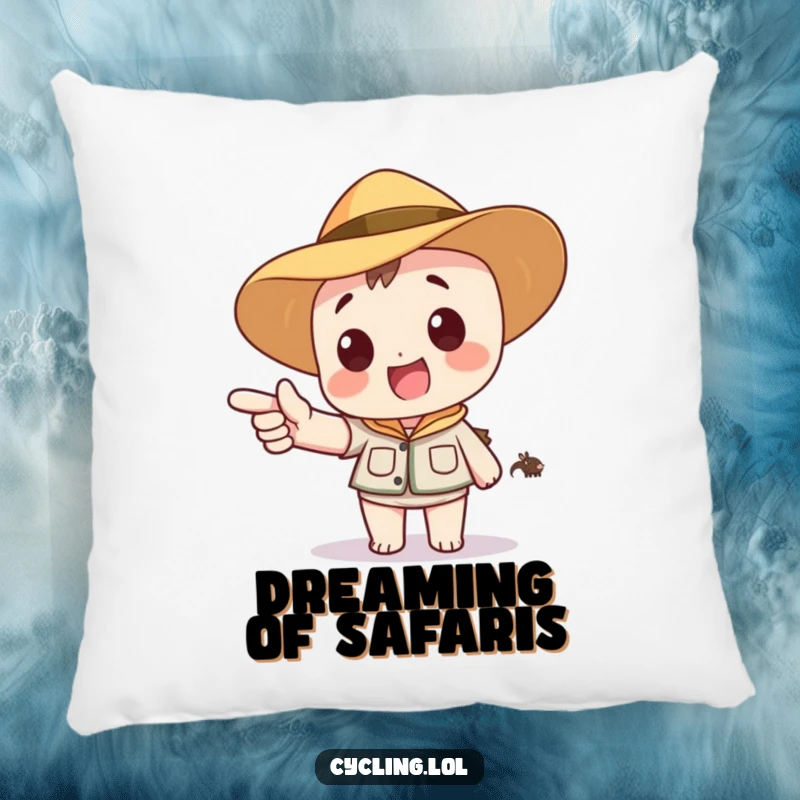 Funny pillow featuring a character in a safari hat, excitedly pointing to a distant, cartoon animal, perfect for cozy, adventurous decor.