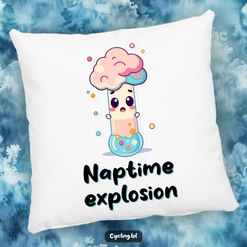 Funny Pillow featuring a surprised character watching a test tube erupt with colorful foam, perfect for adding scientific humor to decor.