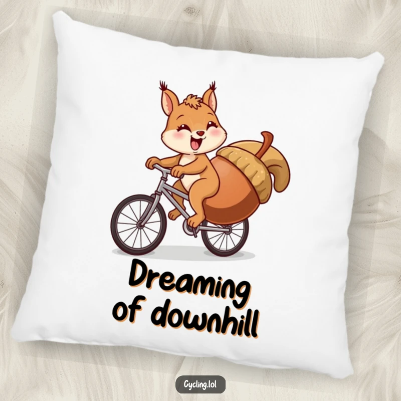 Funny squirrel pillow with a comical illustration of a squirrel struggling to pedal a bike uphill with an enormous acorn.