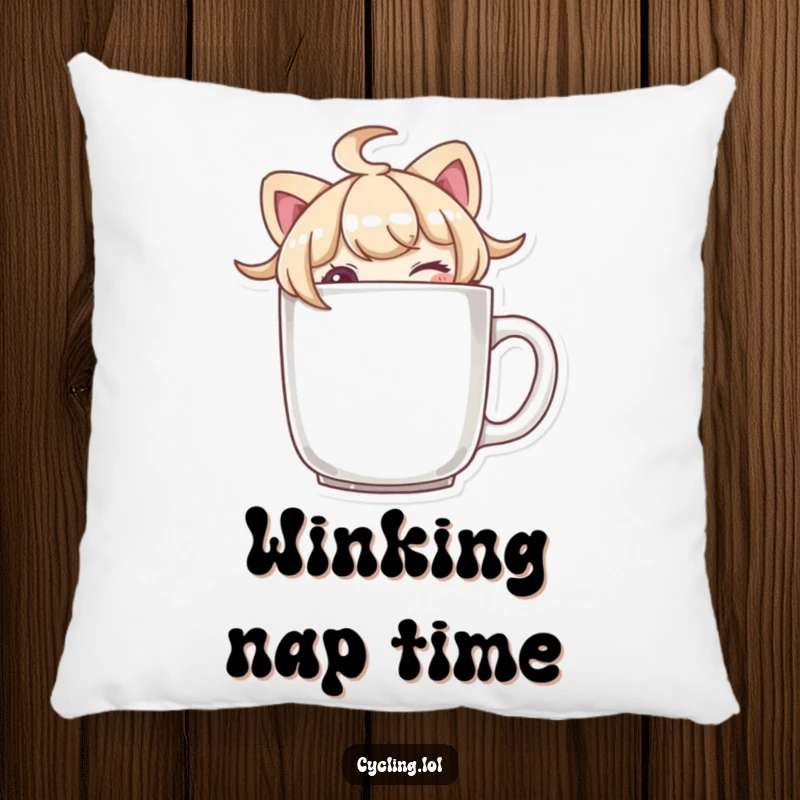 Funny character peeking over a mug brim with a wink on a plush pillow, adding cozy and cheeky comfort.
