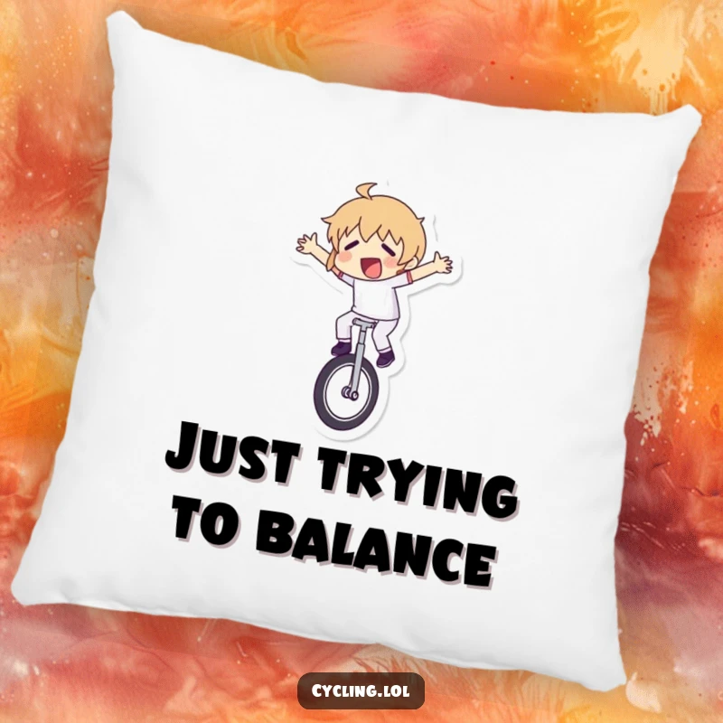 Funny pillow featuring a character in a comical heap after failing to balance on a unicycle, perfect for humorous home decor.