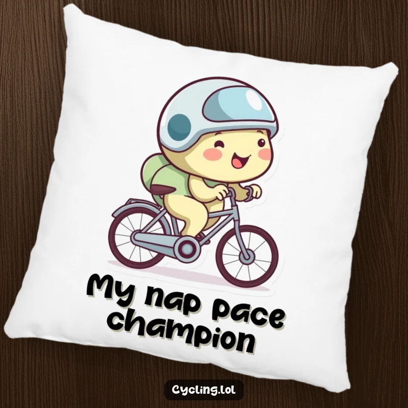 Funny snail pillow with a happy snail in a tiny helmet, cycling very slowly, perfect for adding comfort.