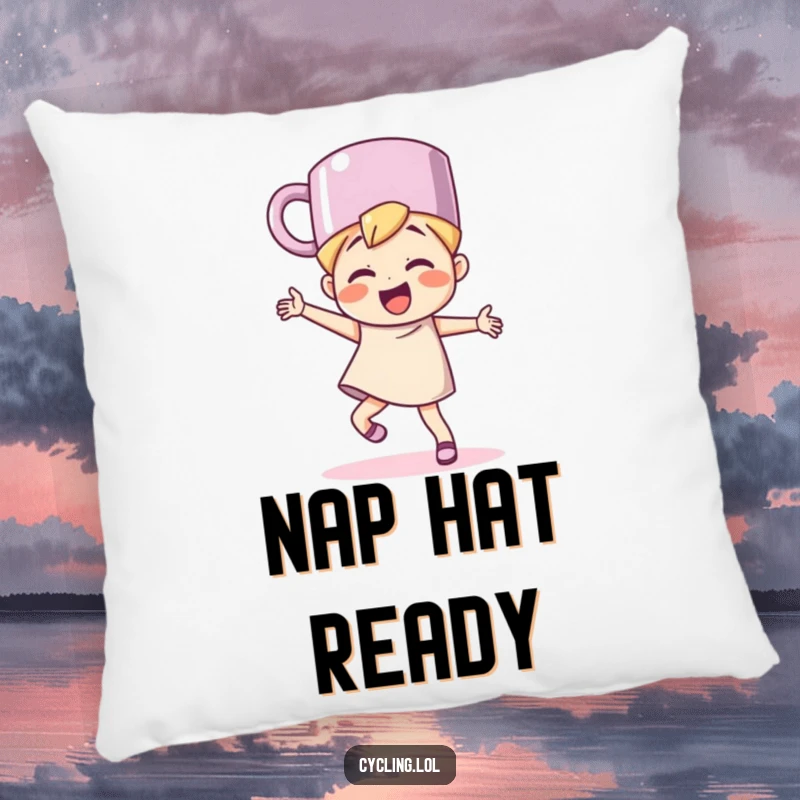 Funny character wearing a mug as a hat, dancing joyfully, on a plush pillow, adding playful charm to home decor.