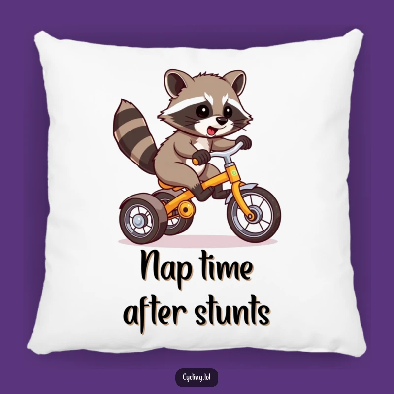 Cuddle up with chaos! This pillow features a raccoon pulling off a wild tricycle wheelie, adding comfort and comedy to your home.