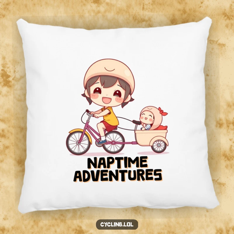 Funny bicycle pillow showing a beaming character happily pulling a laughing passenger in a trailer, for comfort and cheer.