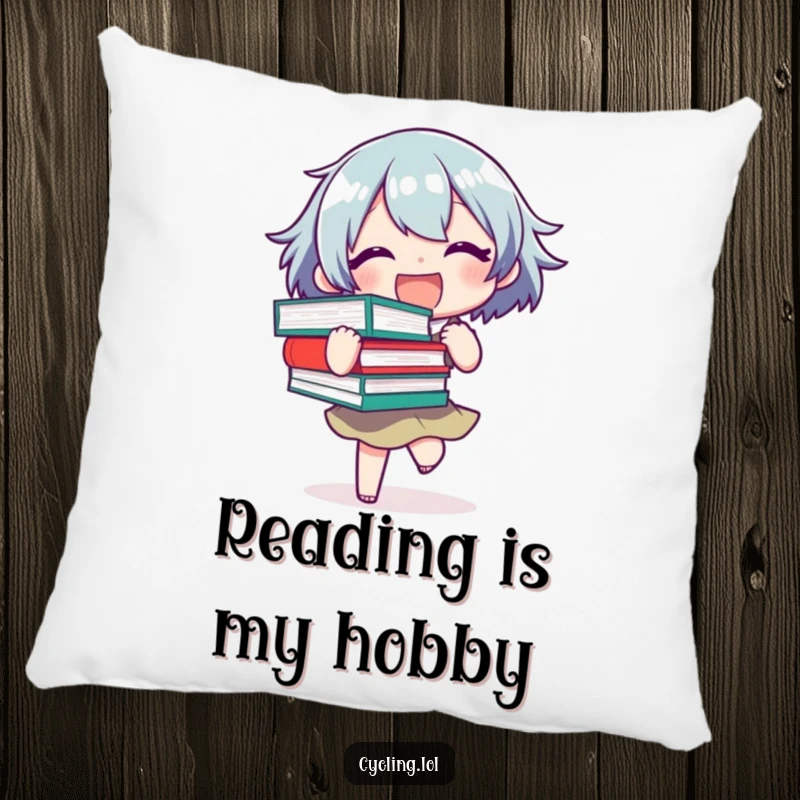 Funny Pillow featuring a joyful character precariously balancing a stack of books, perfect for adding comfort and reading-themed humor.