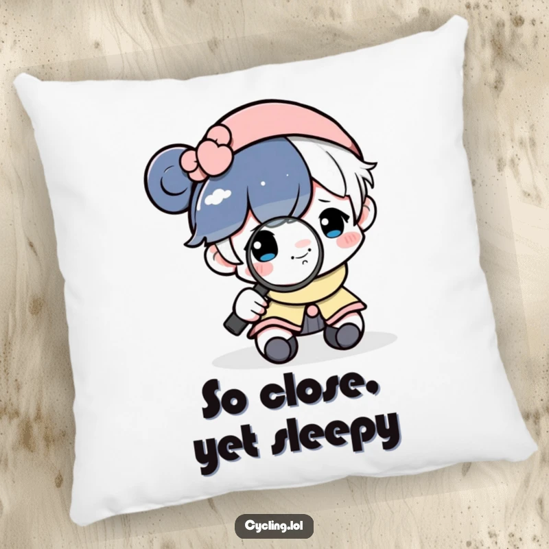 Funny pillow featuring a character examining a tiny, smiling moon with a magnifying glass, adding comfort and detail.