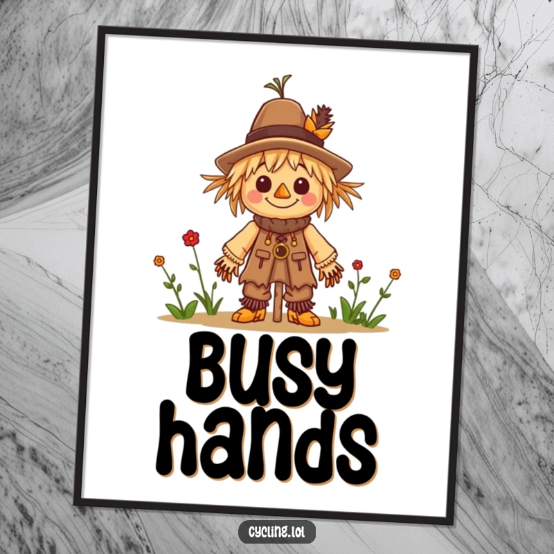 Funny digital art print of a character cheerfully building a tiny scarecrow, perfect for instant wall decor and crafters.