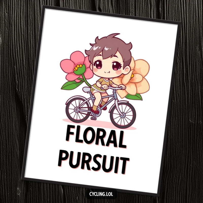 Funny bicycle digital art print of a determined, cheerful character riding a bike with a giant flower.
