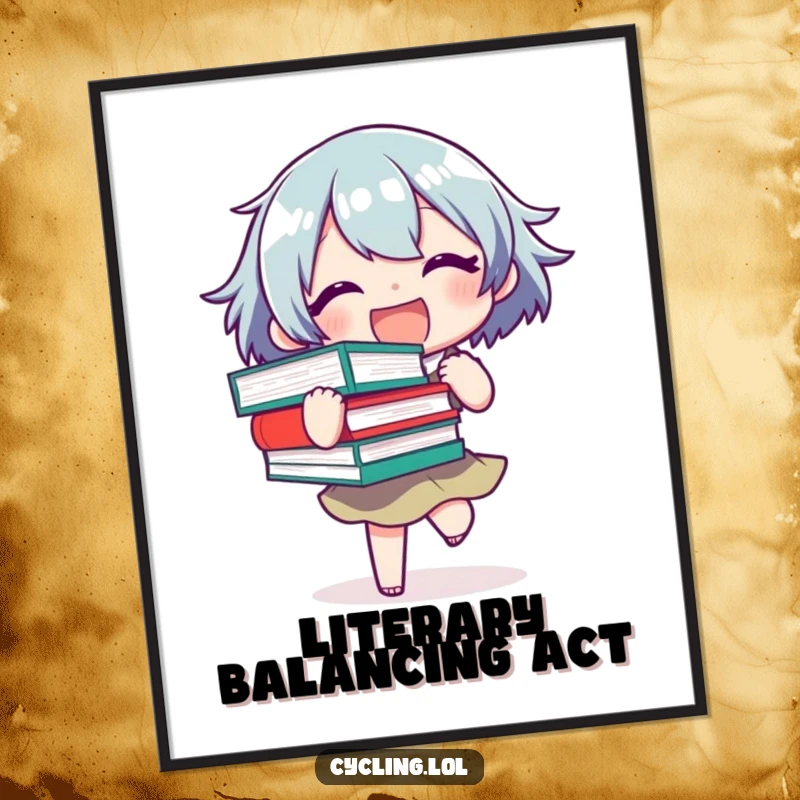 Funny Digital Art Print of a joyful character precariously balancing a stack of books, offering humorous and book-themed decor.