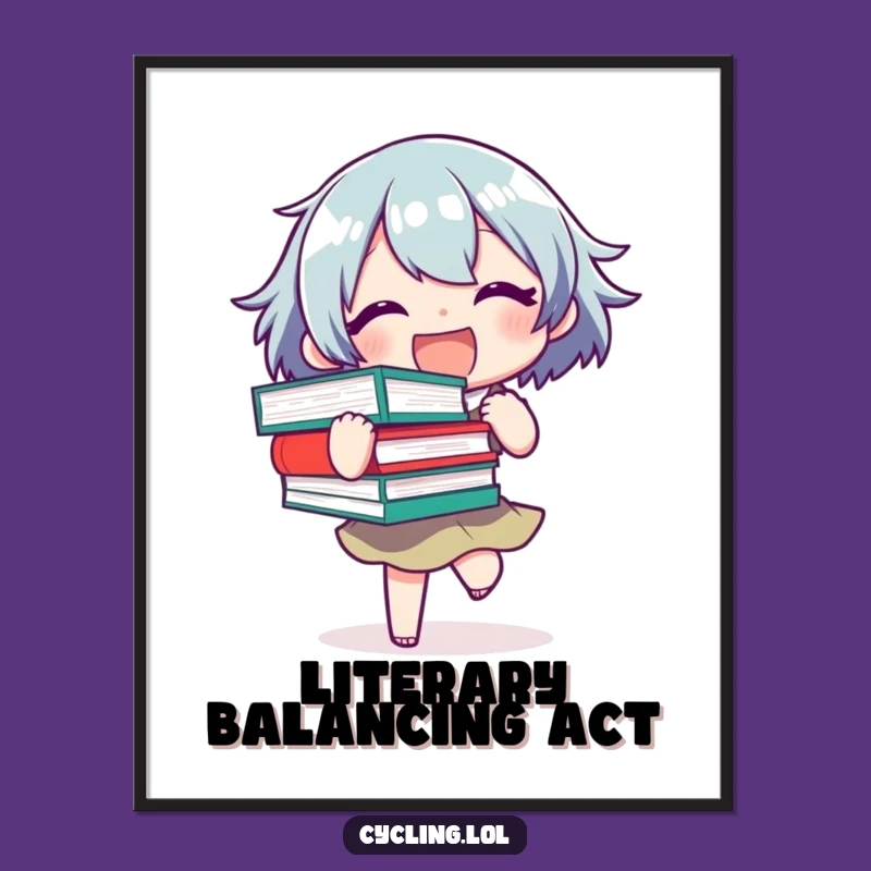 Funny Book Lover Digital Art: Reader Balancing Books Print, Instant Funny Gift