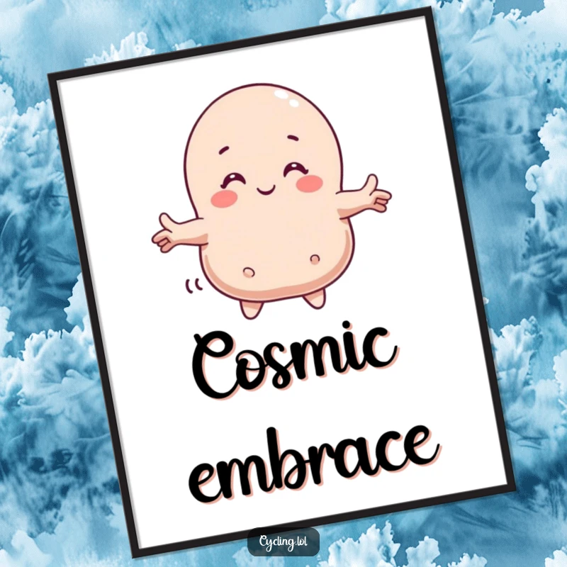 Funny digital art print of a character joyfully hugging a friendly comet, capturing a heartwarming and whimsical moment in space.