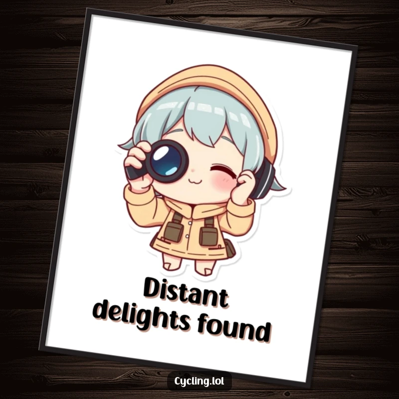 Funny Digital Art Print: Focused character adjusting binoculars, symbolizing adventure and keen sight, a humorous piece to download and display for any explorer.