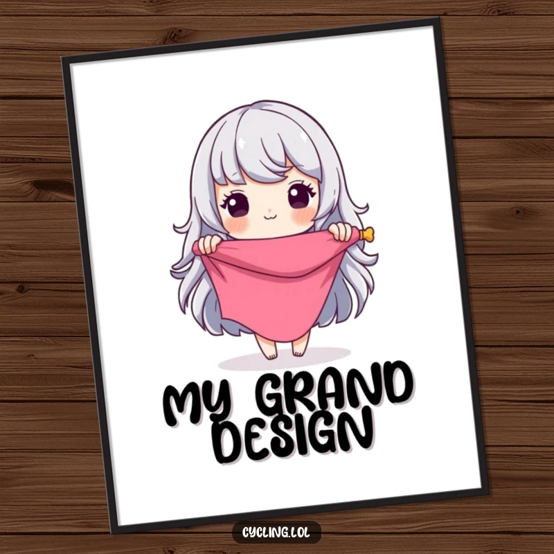 Funny Digital Art Print: Seamstress character dramatically unrolling fabric, a grand, humorous design concept taking shape, printable wall decor.