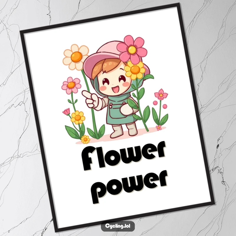 Funny digital art print of a character pointing at blooming flowers with enthusiasm, perfect for instant wall decor.