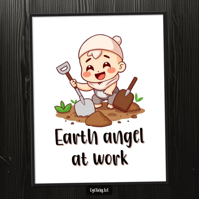 Funny digital art print of a character digging soil with a trowel and a wide grin, capturing gardening passion.