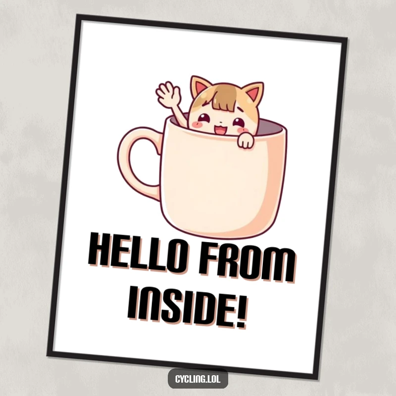 Funny digital artwork of a character peeking from a giant mug and waving enthusiastically, designed to add cheerful and quirky decor.