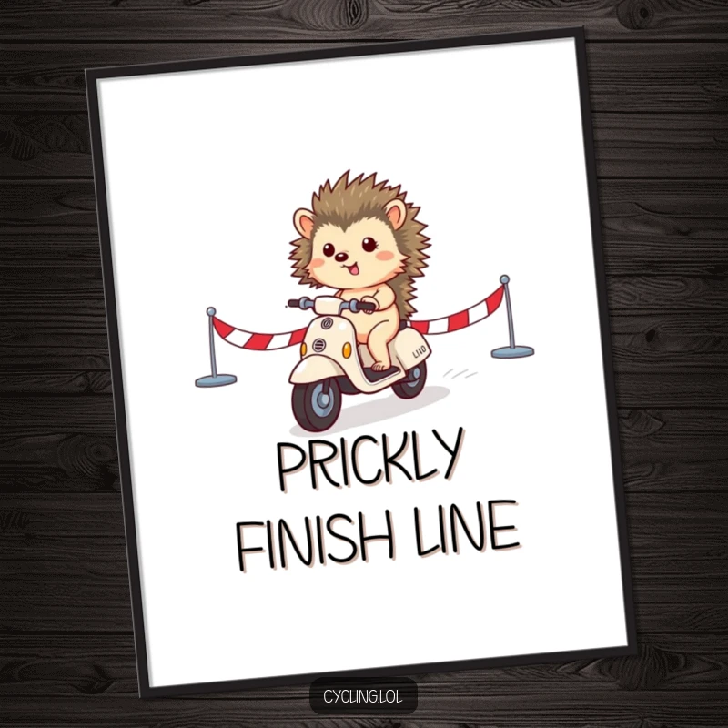 Funny digital art print of a small hedgehog triumphantly crossing a finish line on a scooter, embodying humorous victory.