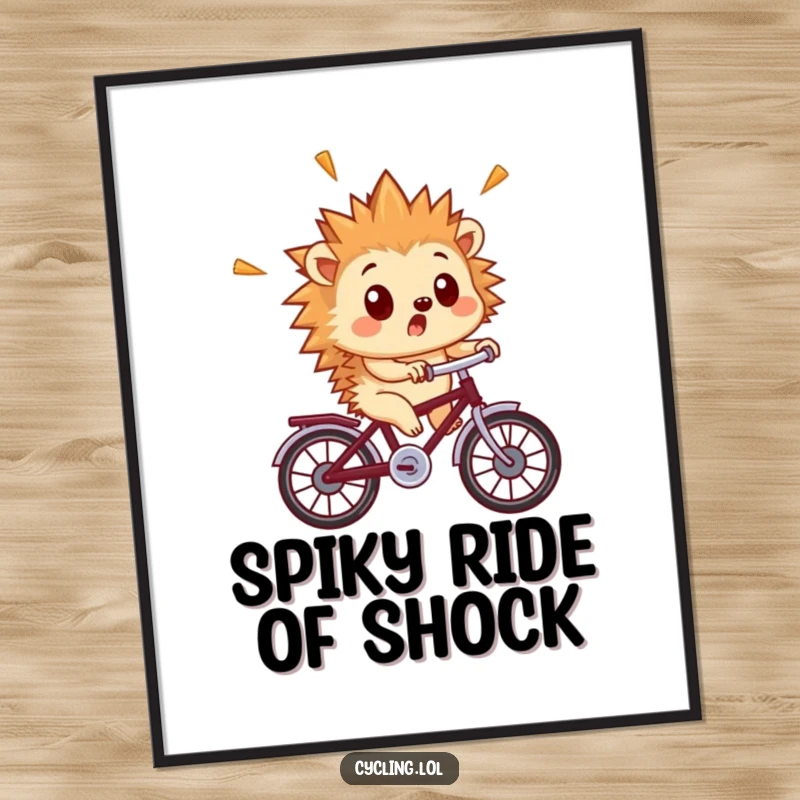 Funny hedgehog digital art print featuring a surprised hedgehog with quills flying as it rides a tiny bicycle.