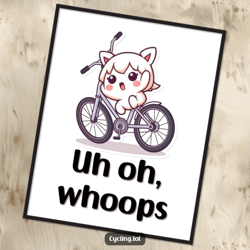 Funny digital art print of a surprised Kawaii character falling backward off a wobbly bicycle, capturing a moment of humorous clumsiness.