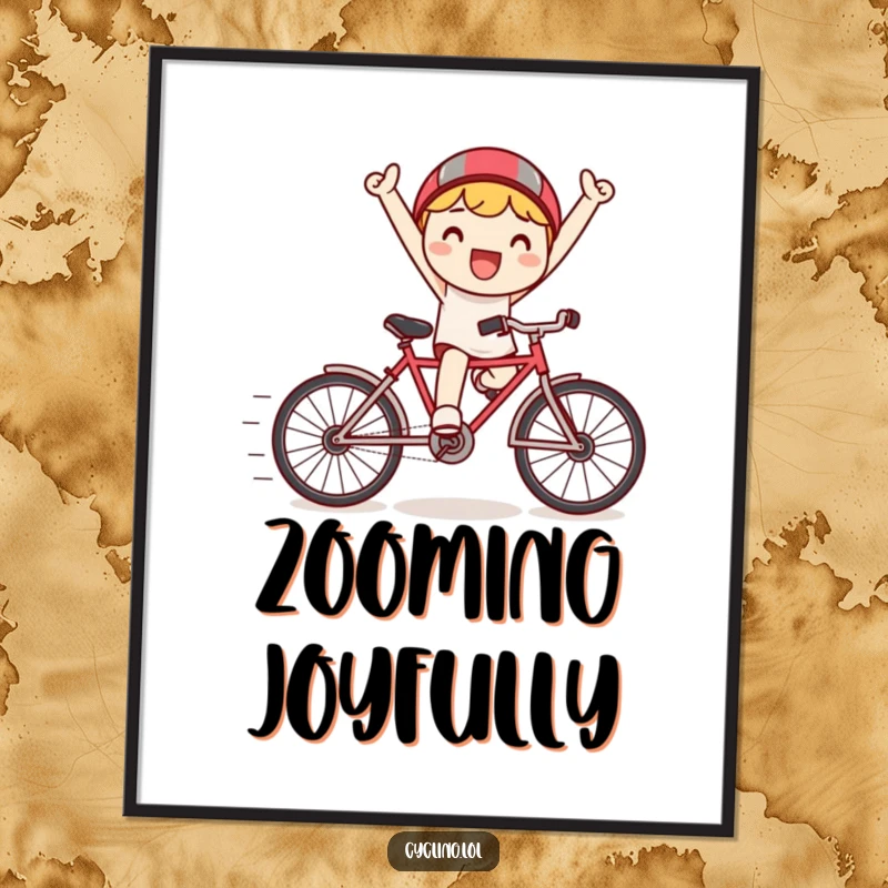 Funny digital art print of a happy Kawaii character riding a tiny bicycle with exaggerated speed lines, celebrating triumph.