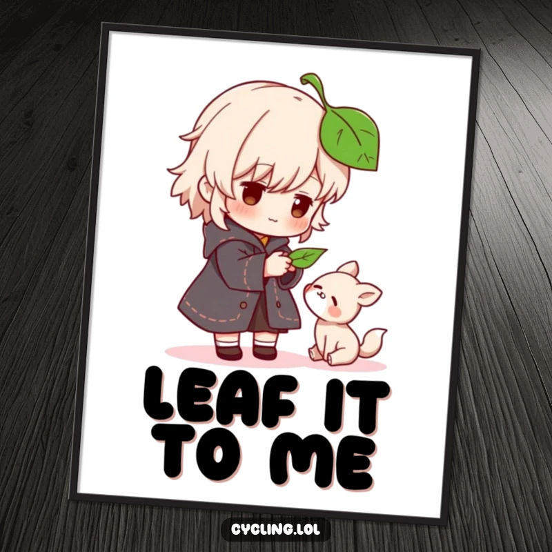 Funny digital art print of a character gently offering a leaf to a small, grateful animal, symbolizing kindness and empathy.