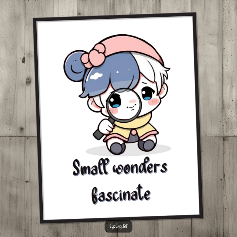 Funny digital art print of a character examining a tiny, smiling moon with a magnifying glass, highlighting detail.