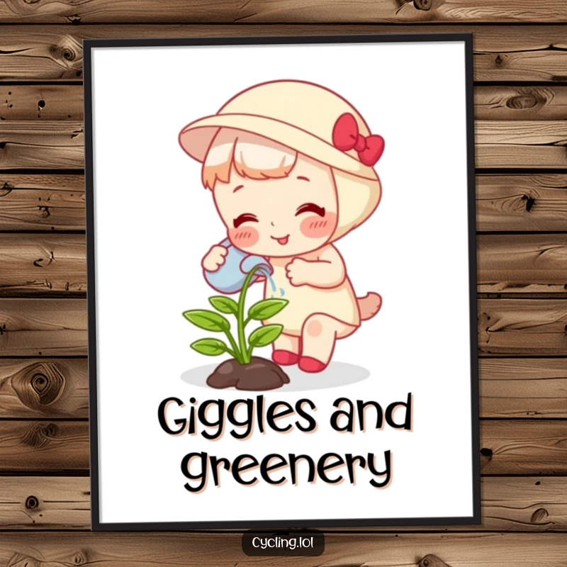 Funny digital art print of a character watering a giggling, growing plant, capturing the magic of nurturing life.